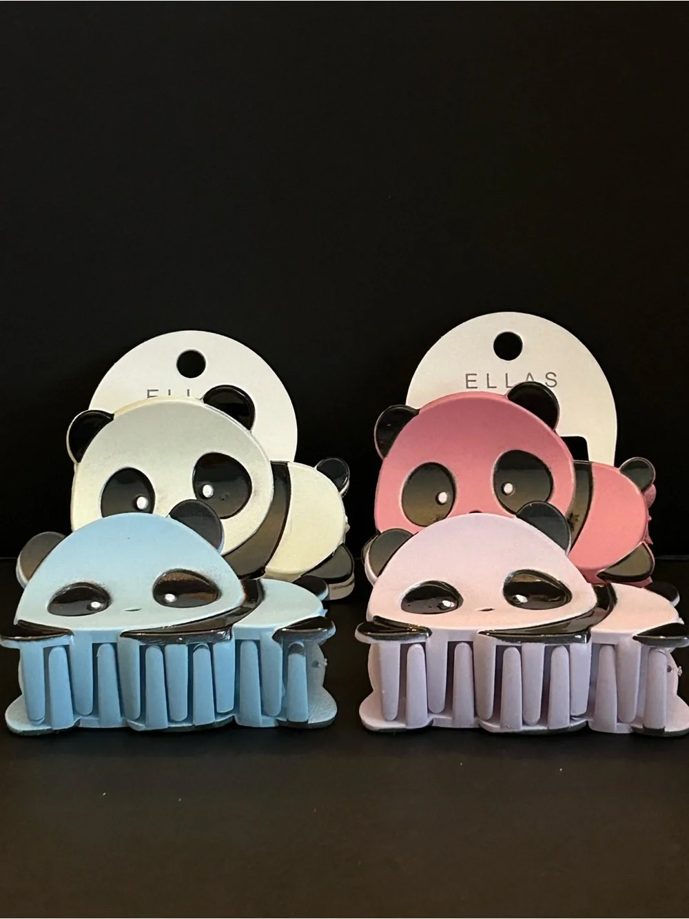 Ellas Panda Kids Hair Claw Clips - Blue, Pink, Purple and White Set of Four